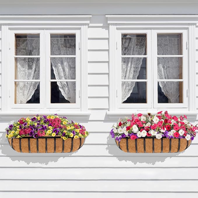 Y&M Window Boxes Horse Trough with Coconut Coir Liner, 24 Inch Window Deck with Coco Liner, Fence Metal Hanging Flower Planter Basket Deck Railing Planter Boxes (24in 4P)