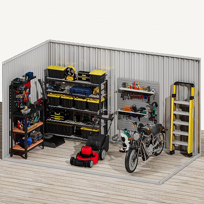 DWVO 8.5x3.5 FT Storage Shed for Bicycle, Functional Metal Tool Shelter Garden Storage Unit with Acrylic Windows, Secure Entry Lock, Water-Resistant Waste Enclosure for Outdoor Patio Garden(Dark Gray)