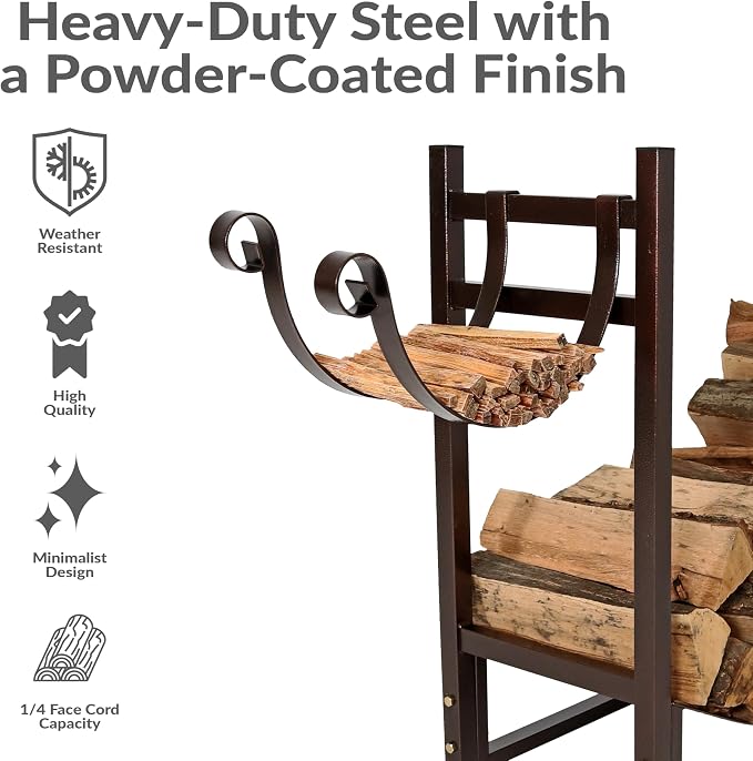 Sunnydaze 33 Inch Indoor Firewood Rack with Kindling Log Holder - Heavy-Duty 1/4 Cord Outdoor Wood Storage for the Fire Pit or Fireplace - Bronze