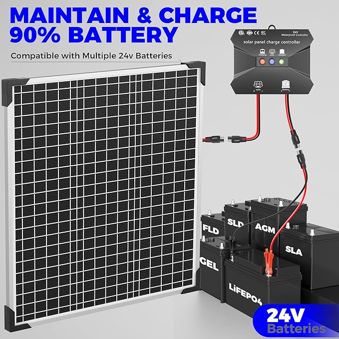 Voltset 50W 24V Solar Panel Kit, Solar Battery Maintainer with MPPT Charge Controller Adjustable Bracket, Solar Battery Charger for RV Car Boat Tractor and Camping