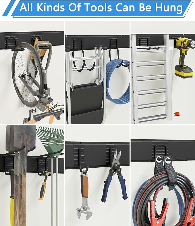64" Heavy Duty Garage Tool Organizer Wall Mount with 10 Adjustable Metal Hooks, Storage Rack for Garage Organization, Garden Tools, Yard, and Shed Storage, Holds up to 660 lbs