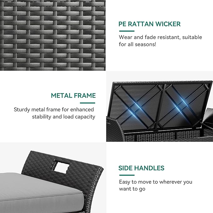 YITAHOME 90 Gallon Outdoor Wicker Storage Bench w/Cushion, Large PE Rattan Deck Storage Box w/Handles & Hydraulics for Patio Furniture, Cushions, Garden Tools, Pool & Sports Equipment, Black &Grey