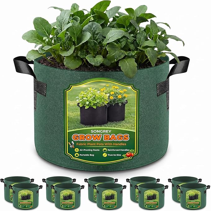 Songrey 10-Pack 10 Gallon Grow Bags, Thickened Nonwoven Fabric Pots with Handles, Heavy Duty Garden Planter for Tomato, Vegetables and Flower