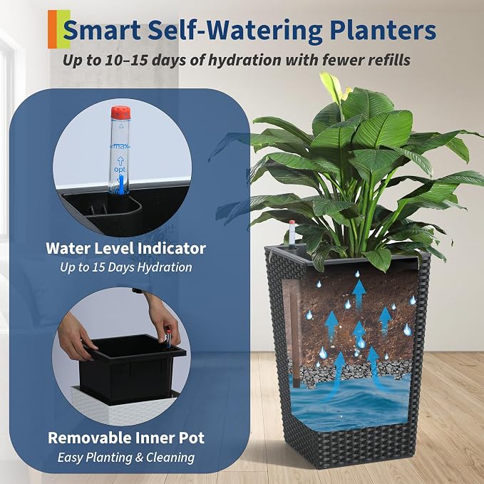 Garvee 16 Inch Tall Planters Set of 4, Self Watering Planters for Outdoor Indoor Plants with Drainage & Water Level Indicator, Tall Flower Pots for Front Porch, Patio, Balcony & Entryway