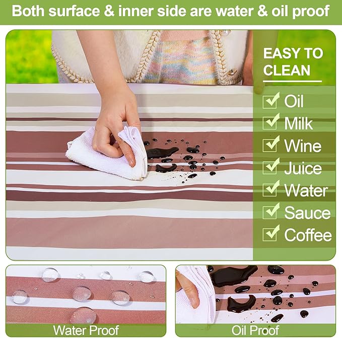 Picnic Table Cover with Bench Covers Camping Essentials Waterproof Windproof Camping Tablecloth with Drawstring Bag, Fitted Rectangle Tables and Seats, 96in, Brown Stripe