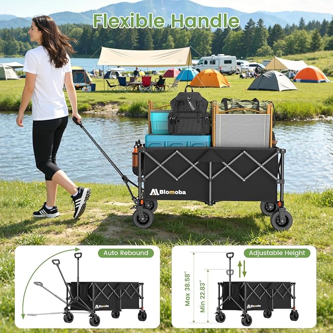 Blomoba Collapsible Wagon Cart, 330LBS Heavy Duty Folding Cart with Wheels 360° Rotation, Built-in Brakes, Flexible Handle, Portable Utility Wagon for Grocery Sports Garden Shopping Camping