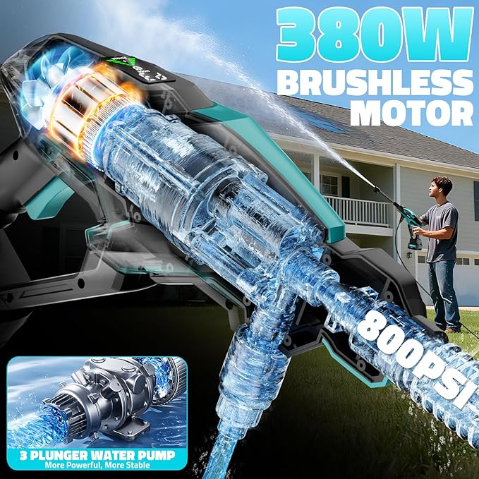 Cordless Portable Cleaning Tool, 800PSI Brushless Cleaning Tool with 18V 4.0Ah Battery, 17FT High Elastic Hose, 6-in-1 Nozzle and Storage Handbag, 3 Power Level Adjustable for Home, Car, Garden