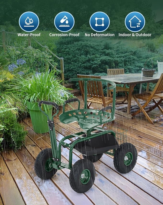 Rolling Garden Work Seat with Wheels, 360° Swivel Seat Gardening Cart with Extendable Steering Handle, Tool Tray and Storage Basket, 300 lbs Capacity, Gardening Stools for Patio, Yard, and Outdoors