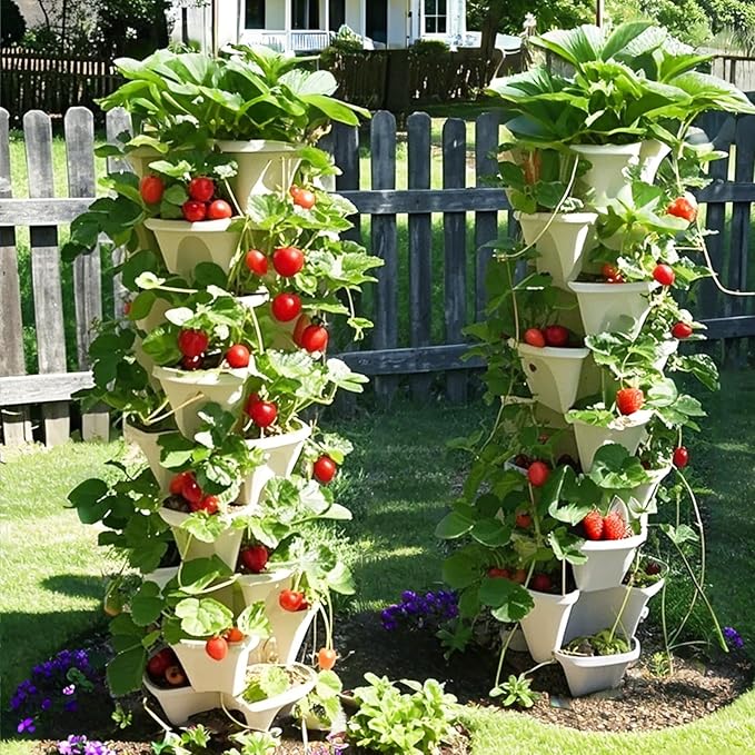7 Tiered Strawberry Planters 2 Pack, Vertical Stackable Planter, Herb Stacking Tower Garden, Flower and Vegetable Planters with Support Pole Indoor & Outdoor with Removable Wheels Dark Grey