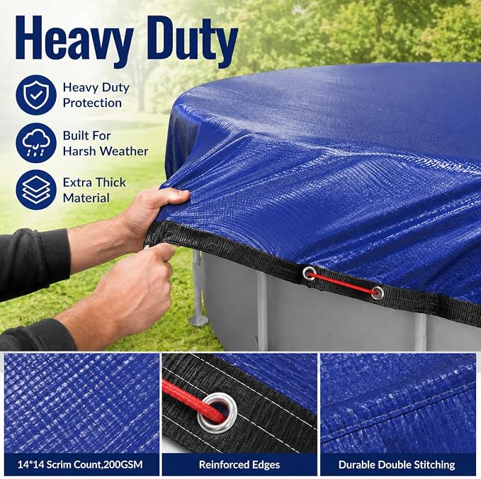 15FT Heavy Duty Pool Cover for Above Ground Pools,200 GSM Tear-Resistant Material,Windproof Secure Fit,All-Season UV Protection,Against Snow,Rain & Debris