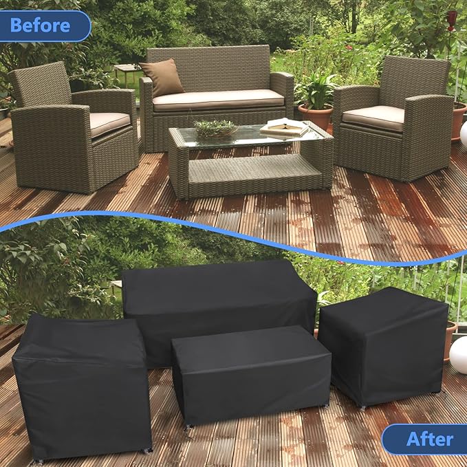 STARTWO Outdoor Furniture Cover Waterproof, 4 Piece Patio Furniture Set Cover 400D for Outside Couch, Lawn Chairs, Coffee Table, Windproof with Buckle Strap, Black