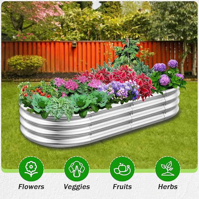 RAYKEEP Galvanized Raised Garden Beds, 4x2x1ft Outdoor Raised Garden Boxes, Oval Large Bottomless Metal Elevated Garden Bed Planter Box for Vegetables, Fruits, Flower