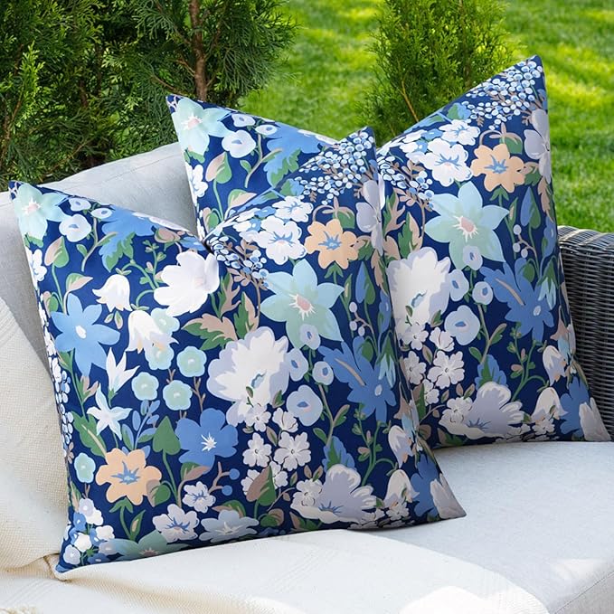 Adabana Spring Outdoor Waterproof Floral Pillow Covers Set of 2 Square Colorful Couch Cushion Cases 16x16 Inch Waterproof Decorative Pillows for Patio Garden Beach,Blue