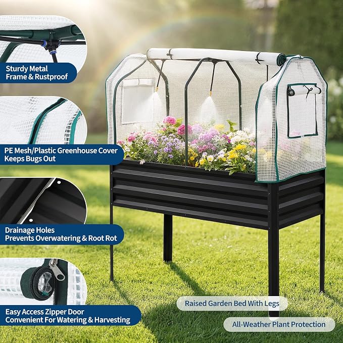 48×24×56in Galvanized Elevated Raised Garden Bed with Legs, Greenhouse Cover & Bird Net, Deep Metal Raised Planter Box for Backyard Patio Balcony Vegetables Herbs Flowers
