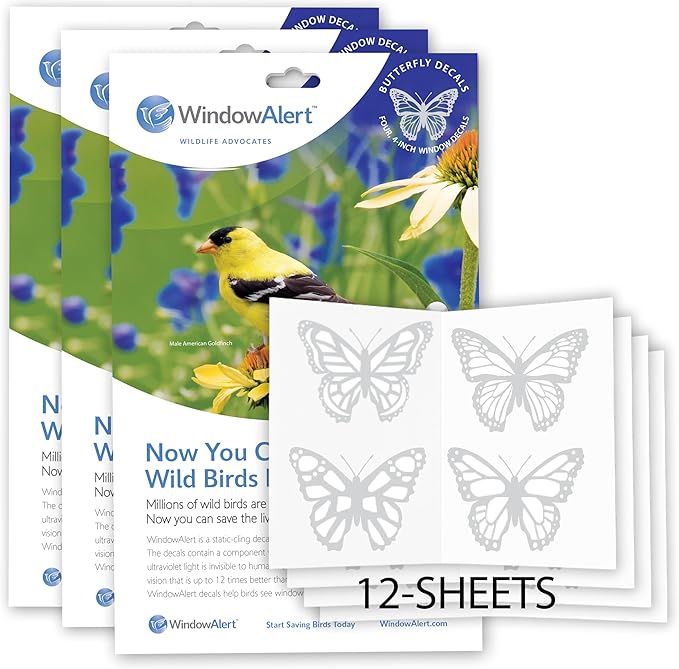 WindowAlert Butterfly Anti-Collision Decal 12 Pack - UV-Reflective Window Decal to Protect Wild Birds from Glass Collisions - Made in The USA