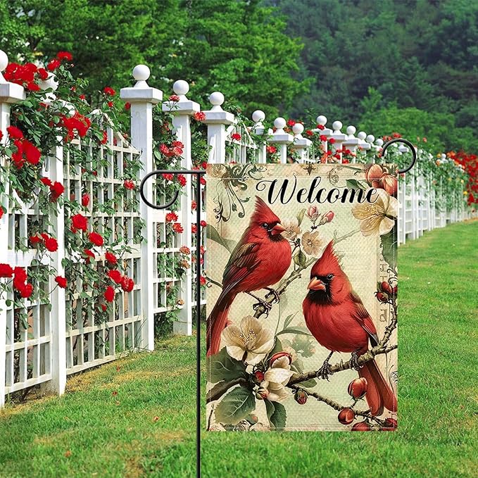 Artofy Welcome Cardinal Small Decorative Garden Flag, Vintage Red Birds Magnolia Flower Yard Lawn Outside Decor, Retro Spring Summer Floral Burlap Outdoor Home Decoration Double Sided 12 x 18
