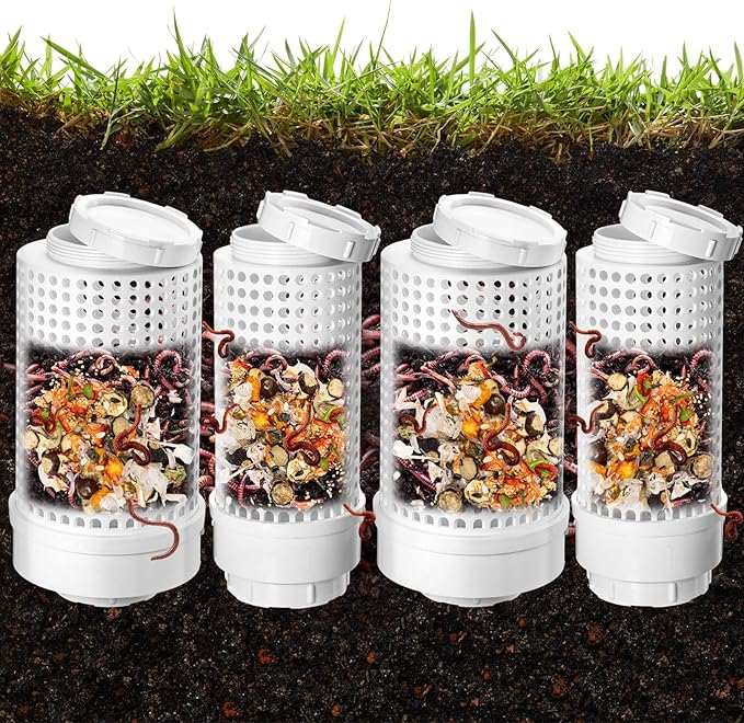 Blosssound 4 Pcs Inground Worm Composter Outdoor Farm Compost Bin Reducing Food Waste Composting Systems Sustainable Worm Composter for Raised Garden Beds at Home