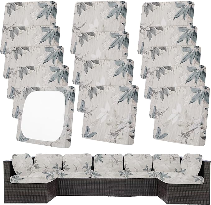 14Pcs Patio Cushion Covers,Outdoor Cushions Covers,Stretch Cushion Covers Replacement, Washable and Reusable Furniture Protectors(Blossoms)
