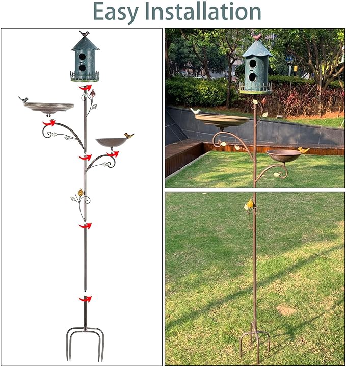 Metal Bird Bath Feeder and Houses for Outdoors, Birdbaths for Outside with 4-Prong Stake, 3 in 1 Free Standing with Blue House on Pole for Garden Patio Yard Lawn