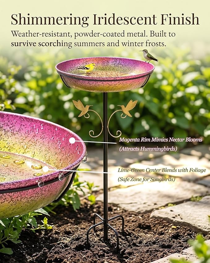 Bird Bath for Outside Standing Metal Birdbaths Birdfeeder 12" Detachable Bowl Iridescent Pink Yellow Bird Baths Feeder with Upgraded 5-Pronged Base for Garden Outdoor Lawn Patio Yard Decor 35" Tall
