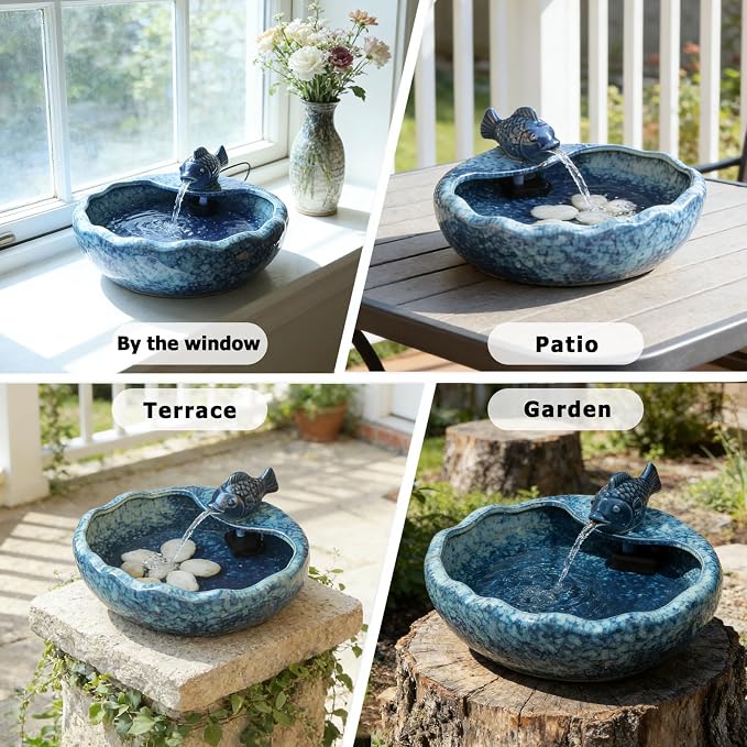 Ceramic Solar Fountain Bird Bath with Battery Backup,Bird Bath for Outside,Bird Bath Bowl for Garden, Patio & Yard Decor,Working at Night for at Least 6 Hours (Koi Fish).