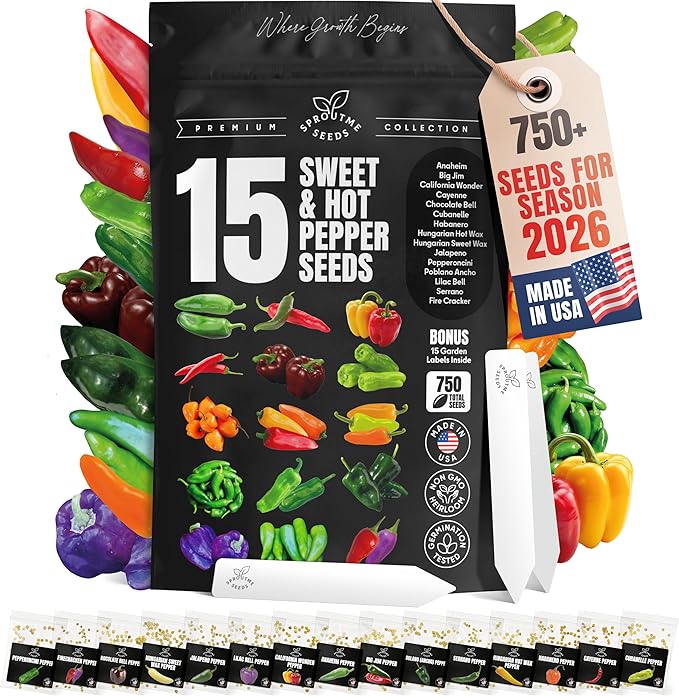 Hot & Sweet Pepper Seeds Variety Pack – 15 Varieties Mixed Heat Garden Collection, Jalapeno, Habanero, Cayenne, Serrano & Bell Types, 750+ Non-GMO Heirloom Seeds for Indoor & Outdoor Planting