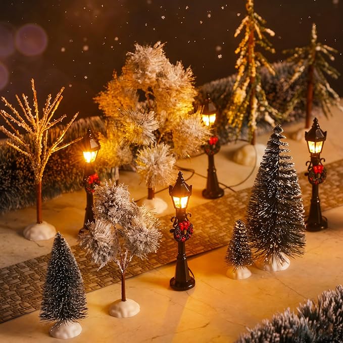 Hotop 18pc Christmas Village Accessories 47.2 Inch Village Roads Mini Snowy Trees Streets Light Lamppost Hedge Figurines Set for Display Winter Holiday Decorations DIY Crafts No Batteries(Chill)