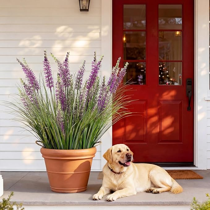 Jexine 10 Pcs Artificial Lavender Flowers 31.5" Tall Faux Lavender Stems with 3 Flower Heads Each, UV Resistant Purple Outdoor Plants Grass for Planter Filler, Porch Garden, Wedding, Home Decor