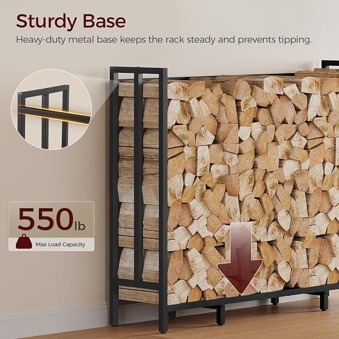 MAHANCRIS 4ft Firewood Rack Outdoor with Oxford Cover, Heavy Duty Firewood Log Rack and Waterproof Cover with Zipper, Wood Racks for Fireplace, Indoor Firewood Storage, Black, FKBK12401