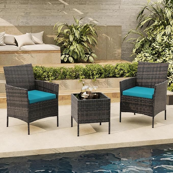 3-Piece Outdoor Furniture Set, PE Rattan Wicker Chairs with Soft Cushions & Tempered Glass Coffee Table - All-Weather Patio Set for Garden, Backyard, Porch, Poolside (Brown/Peacock Blue)
