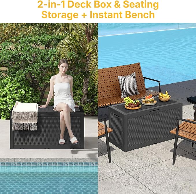 Skepphlay 100 Gallon Deck Box Outdoor Waterproof, Rattan Outdoor Storage Box, Patio Storage Boxes for Cushions, Pillow, Garden Tools, Equipment
