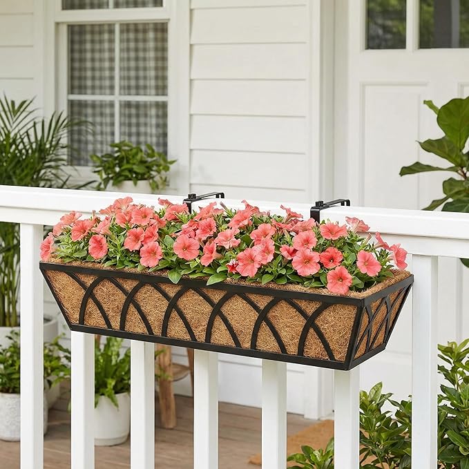 Y&M Hanging Railing Planter Boxes 2 Pack, 24 Inch Adjustable Balcony & Deck Planter, Heavy Duty Metal Flower Box for Porch, Fence & Window, Outdoor Plant Holder