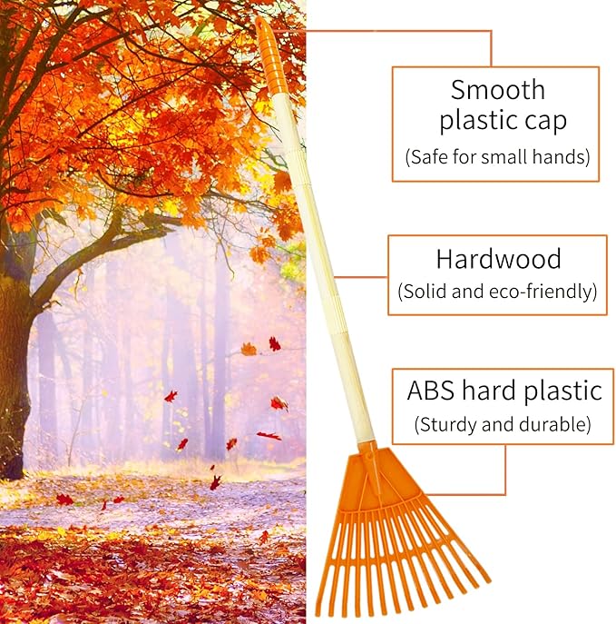 4Pcs Kid Rakes, 31" Child Size Plastic Lawn Rakes for Leaves Wooden Handle, Great Gardening Tools Gifts for Boys Girls Age 3 Year Old and Up