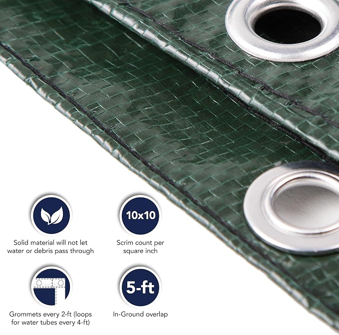 Blue Wave Silver 12-Year 12-ft x 24-ft Rectangular In Ground Pool Winter Cover, Forest Green | Solid polyethylene, black underside, heat-sealed seams, grommets, cable, winch, 5-ft overlap, 12-yr support, green