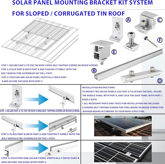 Solar Panel Mounting Rail Kit for 5 x 320W Panels, Includes 8 x 47.2 Aluminum Rails, Adjustable Clamps, L-Brackets & Grounding Lugs, Universal Racking for Metal, Tile, Shingle Roof