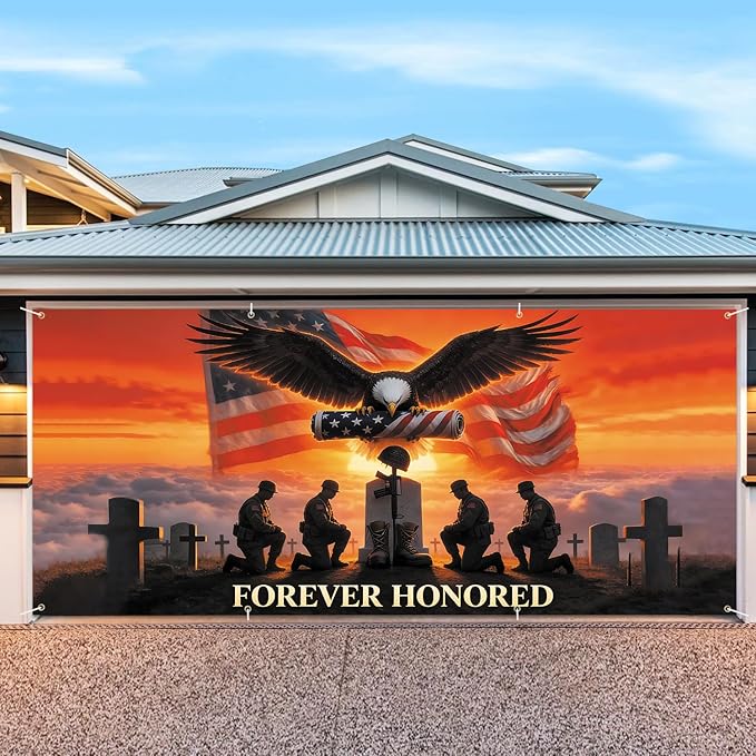 6 * 13FT Eagle USA Flag Memorial Day Garage Door Cover Decorations Independence Day Garage Door Banner for Outdoor Indoor Patriot Party Photography Backdrop