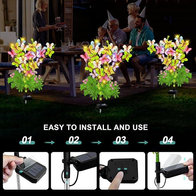 VOOKRY Butterfly Solar Garden Lights Outdoor, 2 Pack Solar Flower Garden Decor, Waterproof Decorative Lights for Outside Patio Yard Pathway Lawn Grave Cemetery, Gardening Gifts for Women Mother's Day