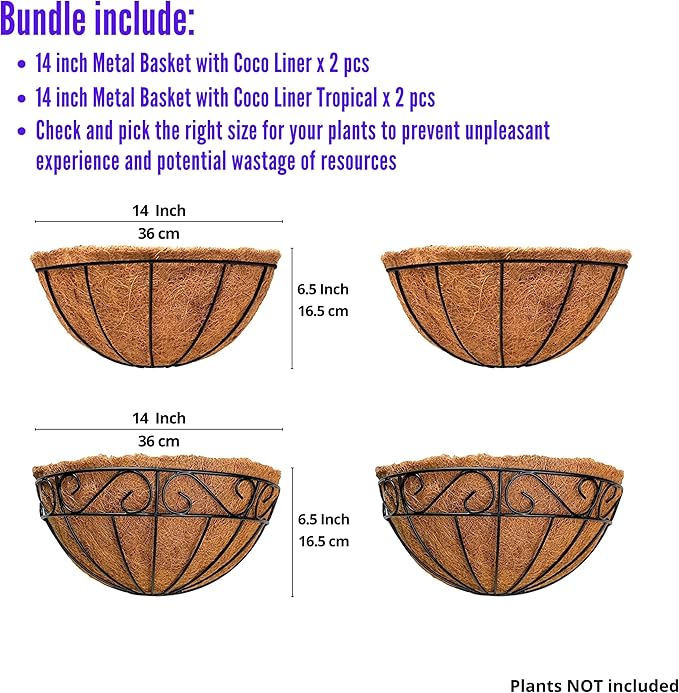 LalaGreen Bundle - 14" x 2 Pack + 14" 2 Pack Hanging Flower Baskets with Coco Liner in Two Different Designs Herb Pot Holder Rail Planter Outside Railing Deck Vertical Garden Wire Pots