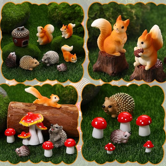 Fairy Garden Accessories, 34 Pieces Resin Squirrel Figures Miniature Garden Ornaments Hedgehog Mushroom Animal Kit for Outdoor DIY Terrarium Potted Plants Dollhouse Desk Decor