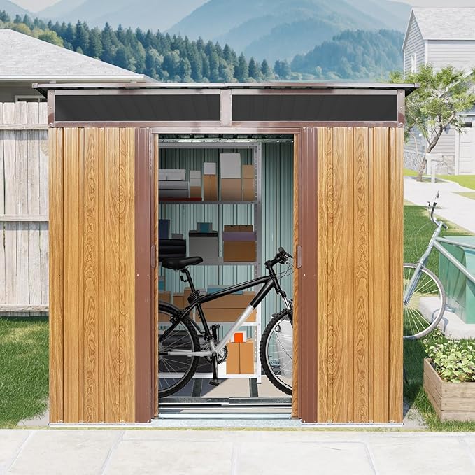 6FT x 5FT Outdoor Storage Shed, Heavy Duty Galvanized Steel Garden Shed with Sloped Roof, Sliding Lockable Doors, Punched Vents & Foundation Kit, Weather Resistant Tool Shed for Backyard, Coffee