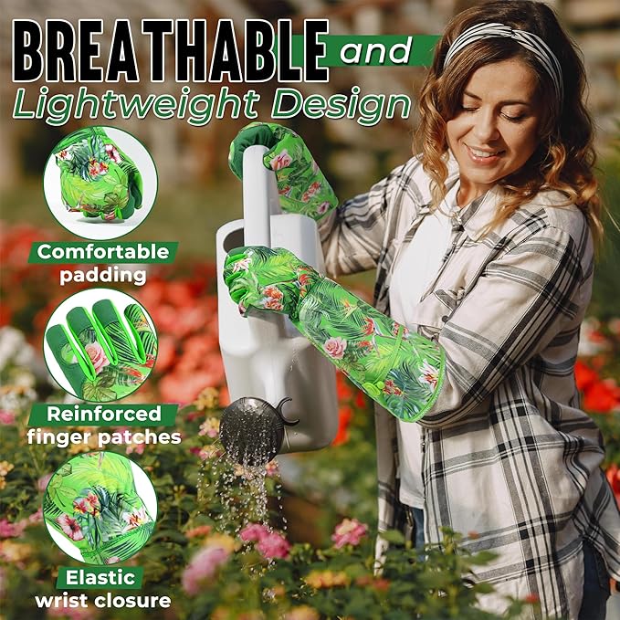 HANDLANDY Women Gardening Gloves, Scratch Resistant Breathable Ladies Rose Pruning Long Gauntlet Floral Print Garden Yard Gloves, Gift for Gardeners (Grass Green, L)
