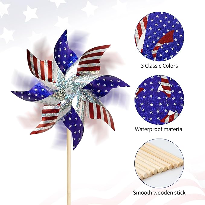 HOOSUN 10 Pcs 4th of July Pinwheels for Yard and Garden 4th of July Decorations,American Flag Patriotic Pinwheels to Scare Birds Away,Red White Blue Reflective Wind Spinners,Memorial Day Decorations