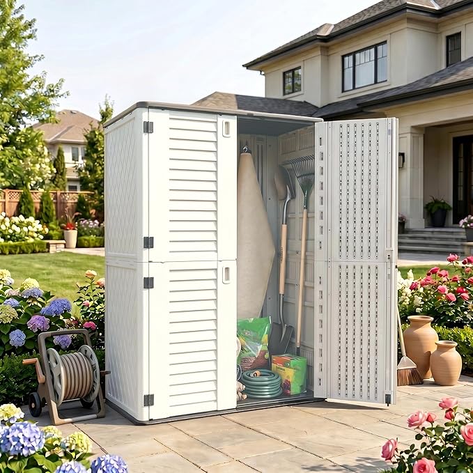 Outdoor Storage Shed 66 cu.ft, Waterproof Resin Vertical Cabinet Double-Layer for Patio Furniture, Garden Tools, Lawn Mower, Pool Accessories, UV Resistant for Yard Balcony – Shelves Not Included