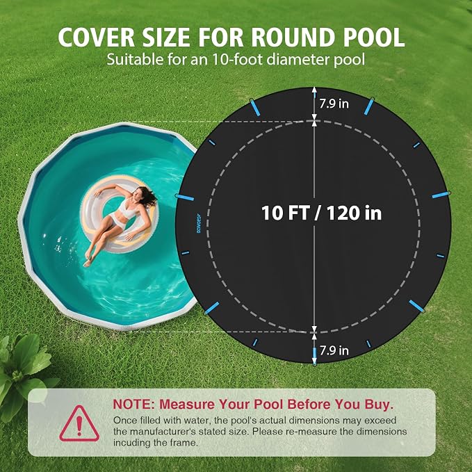 10ft Pool Cover, Upgraded Seamless Side Design, 3-in-1 Super Windproof System with Fast Ratchet Tie Downs, 420D Oxford Fabric for Above Ground Pool - All Season Use, UV & Dust Proof
