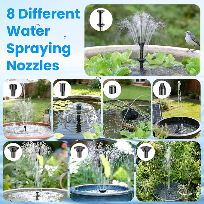 Antfraer 7W Solar Fountain Pump with 3600mAh Battery Backup & Pond Filter, Solar Water Fountain Pump with 8 Nozzles & PVC Tubing, Solar Fountain for Bird Bath, Small Ponds, Waterfall, Hydroponics