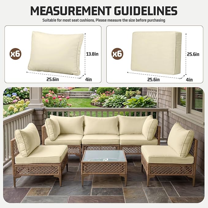12pcs Outdoor Patio Cushion Covers Replacement, 25.6" Zippered Outdoor Cushion Covers Waterproof, UV Resistant & Washable Patio Furniture Cushion Covers Waterproof for Patio Sectional, Beige