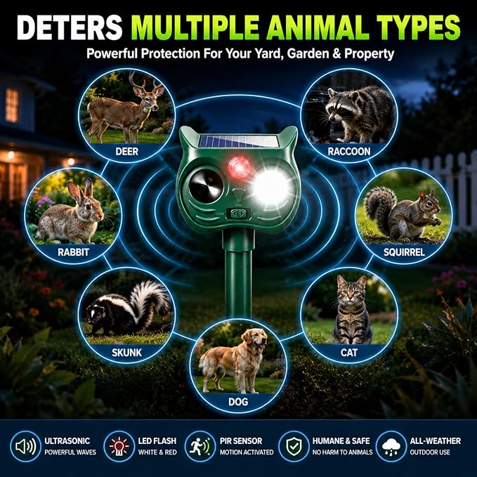 4 Pack New Sonic Fortress Pro Deer Repellent Devices,Solar Ultrasonic Animal Repeller Outdoor for Racoons,Squirrels,Cats,Rabbits,Skunks & Foxes,Waterproof Motion Sensor Animal Deterrent for Garden