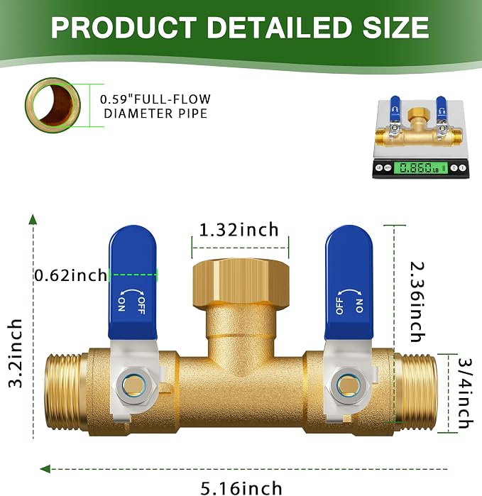 Hose Splitter 2 Way, Heavy Duty Brass Garden Hose Splitter | 0.59" Full Flow Ball Valve Outlet, Shut-Off Valve, 3/4" GHT Thread Water Hose Connector For Outdoor Spigot Faucet (Blue)
