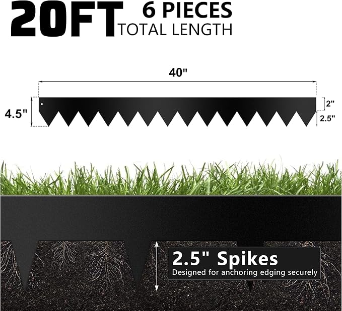 Worth Garden 6-Pack 4.5" H. Galvanized Steel Landscape Edging w/Black Powder Coating - 40" L x 4.5" H Strips - Hammer-in 16-Gauge Metal Edging Border w/ 7 Clips - Edge for Lawn Yard (20Ft Total)