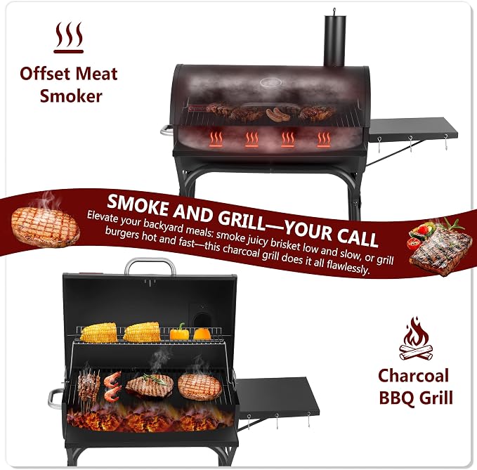 Barrel Charcoal Grill, 554 Sq.In Large BBQ Grill & Smoker with Warming Rack, 4-Position Charcoal Pan, Thermometer, Side & Front Tables, Wheels for Outdoor Backyard Patio
